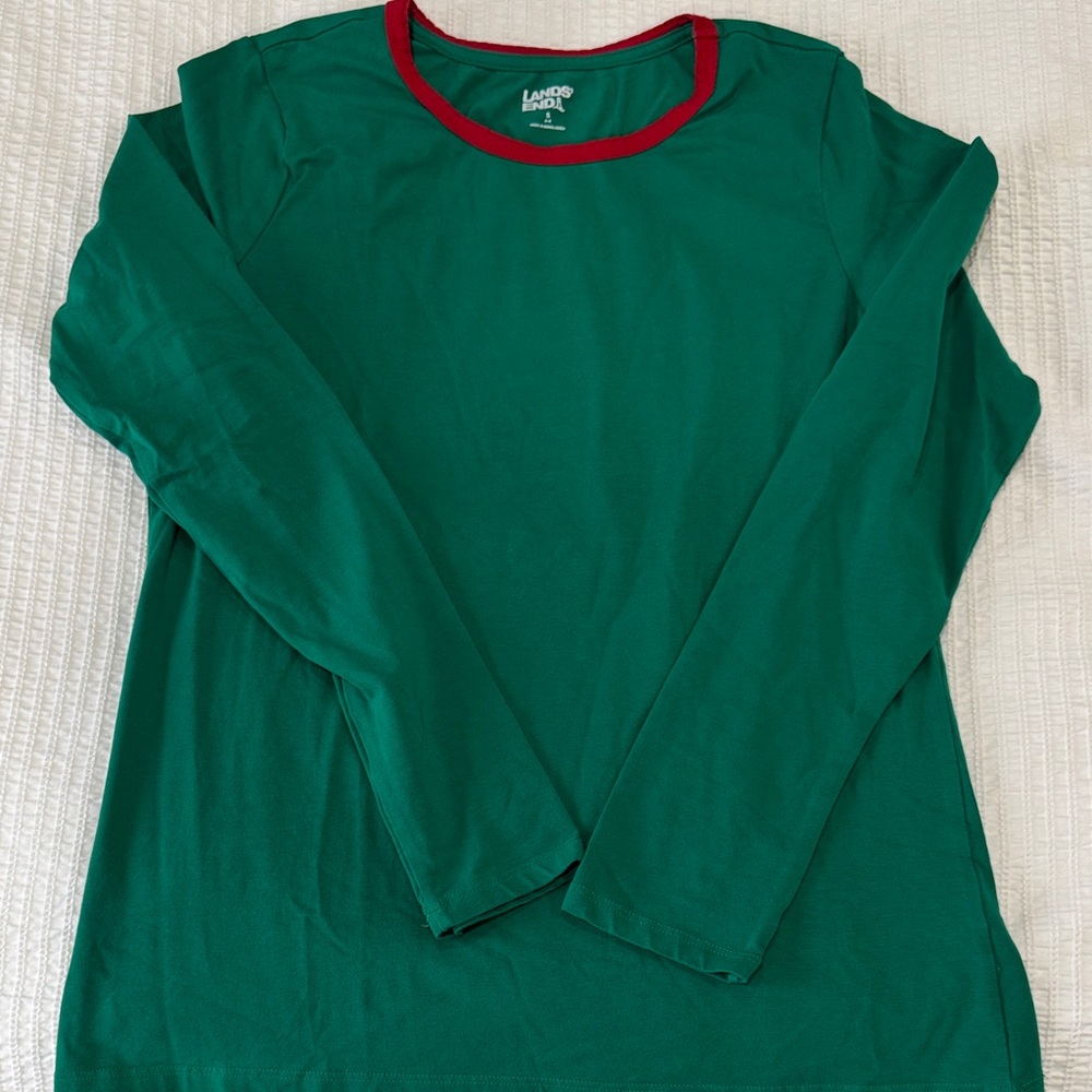 Lands' End Emerald Green Top with Red Trim